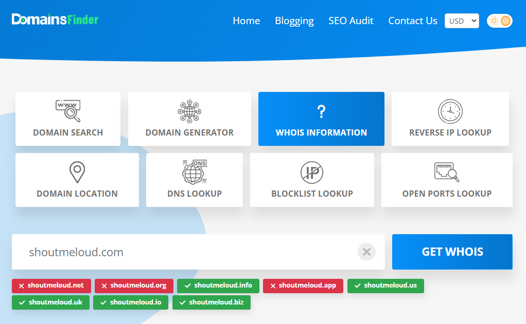 whois information feature on Domains finder